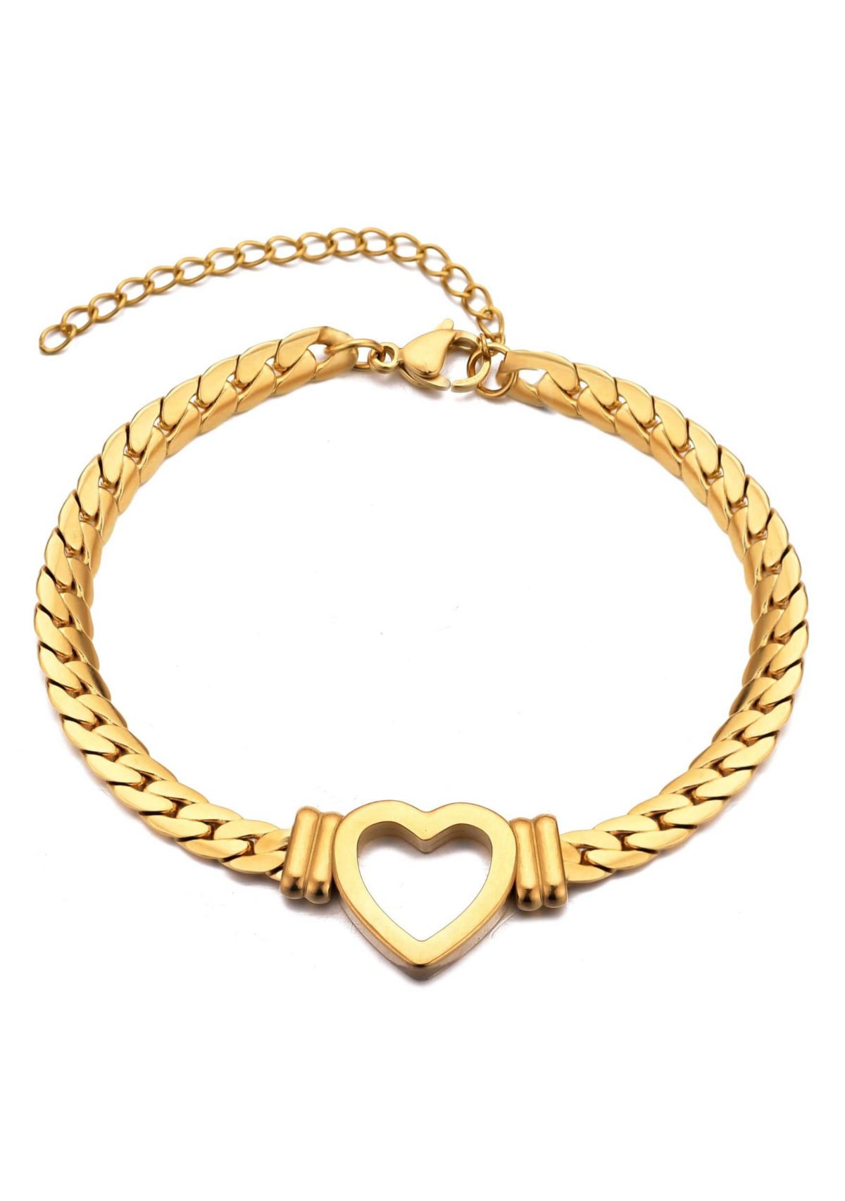 Tarnish Resistant 18k Gold Plated Flat Curb Chain Heart Bracelet