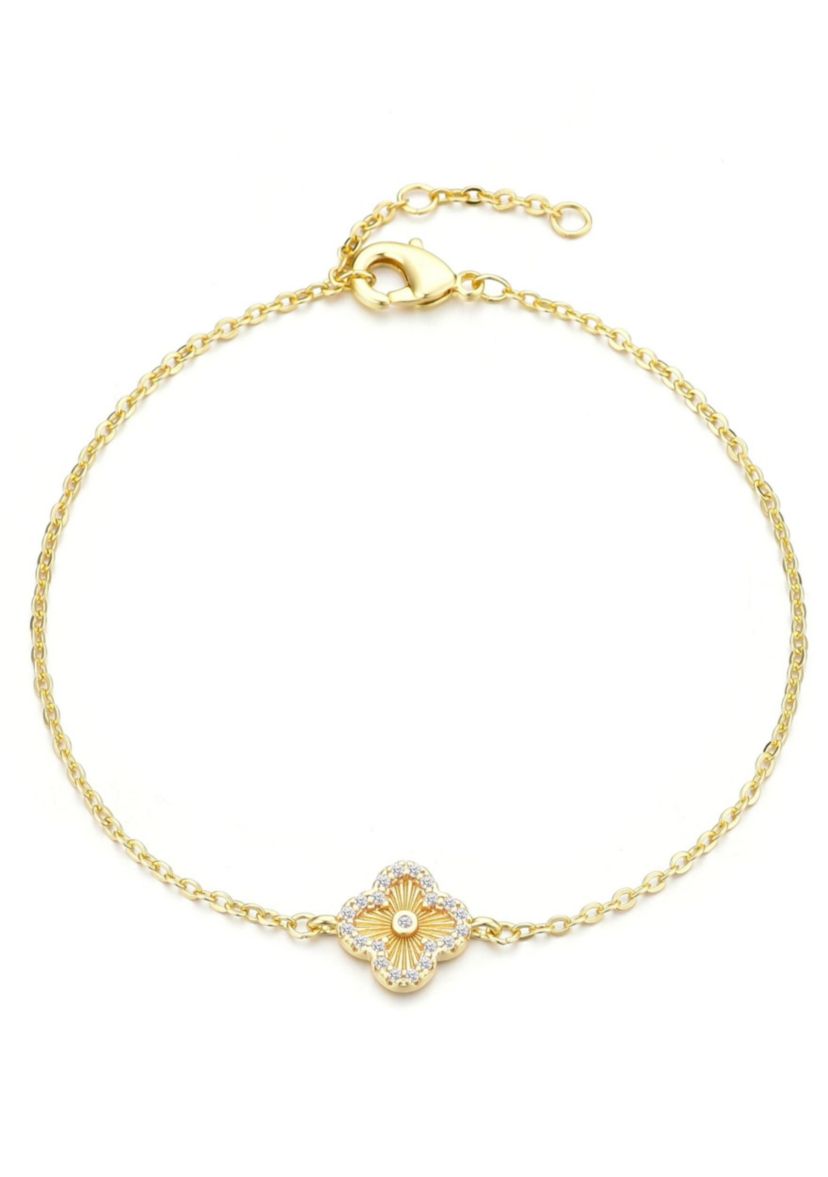 14k Gold Plated Button Clover CZ Halo Bracelet