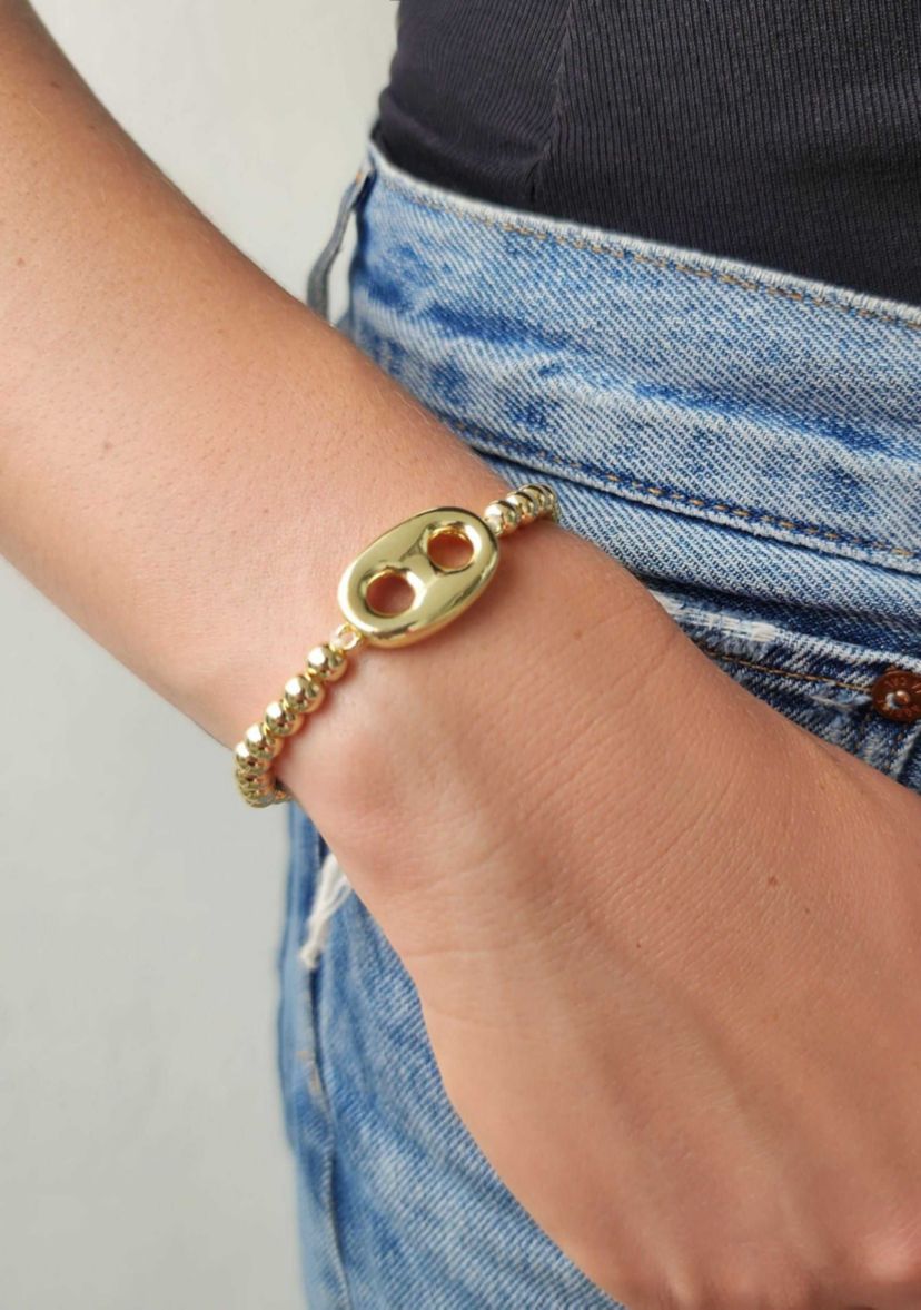 14k Gold Plated Mariner Link Stretch Bead Bracelet