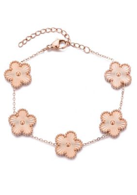 Adornia Tarnish Resistant 14k Rose Gold Plated 5-Leaf Clover Station Braceet, Pink