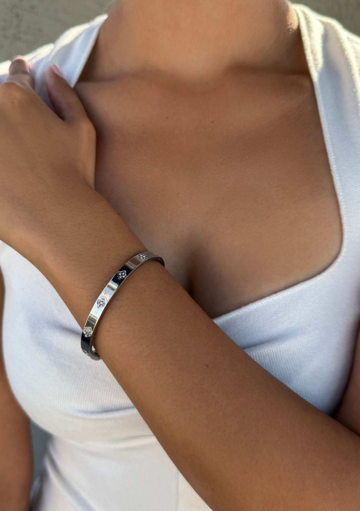 Tarnish Resistant Silver Plated Pave Clover Cuff