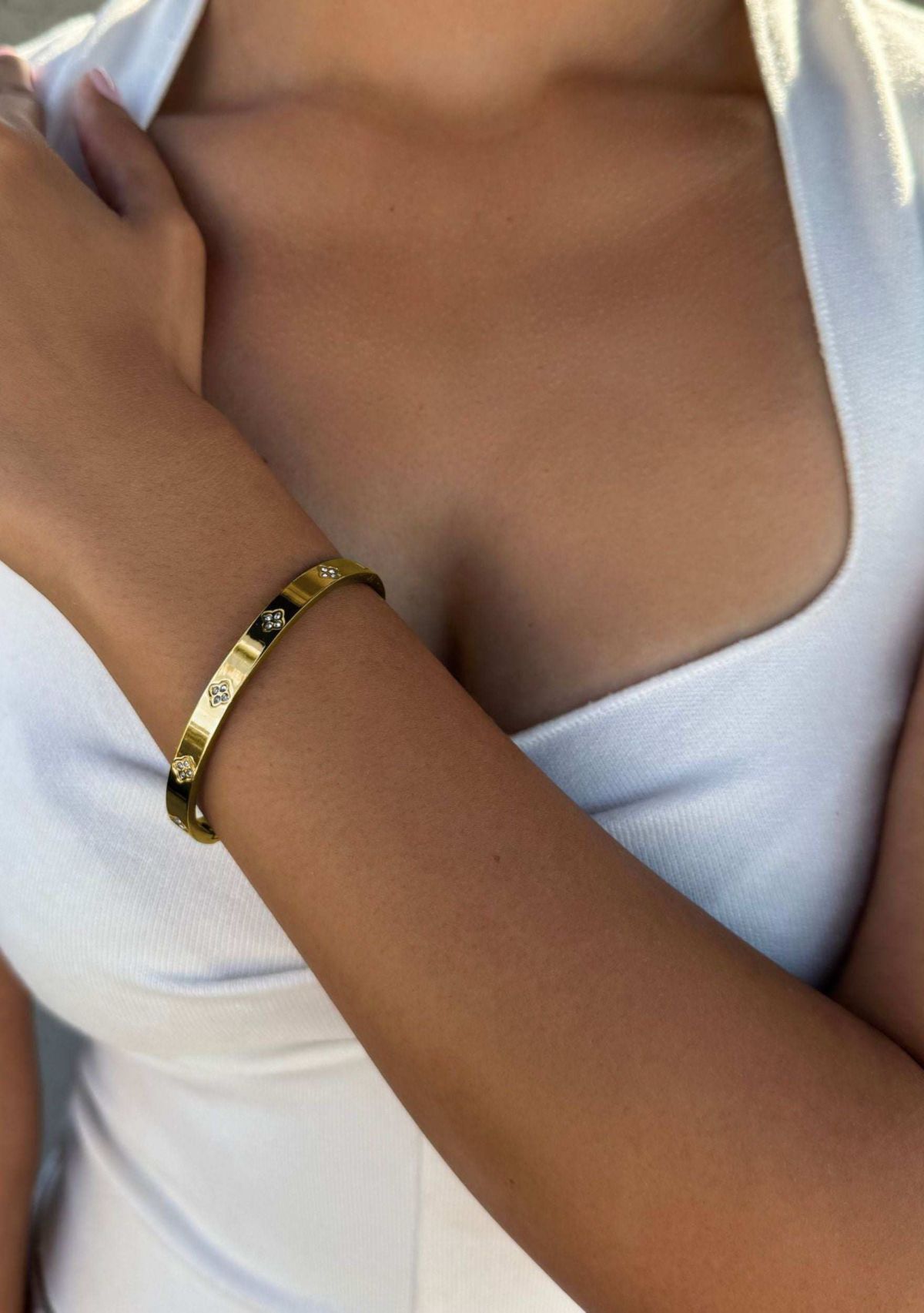 Tarnish Resistant 14k Gold Plated Pave Clover Cuff