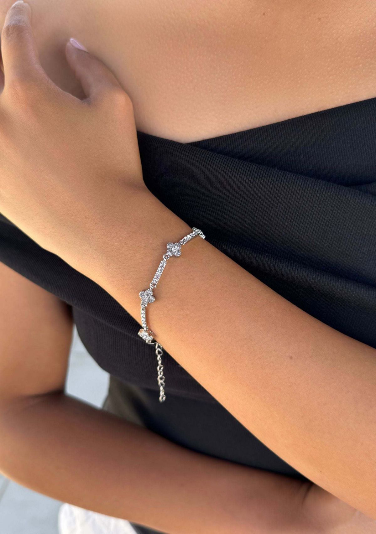 Silver Plated Crystal Clover Tennis Bracelet