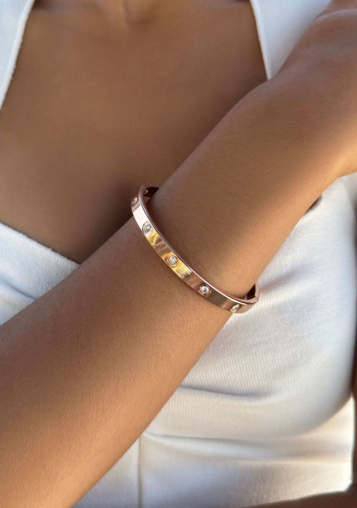 Tarnish Resistant 14k Rose Gold Plated Crystal Eternity Cuff