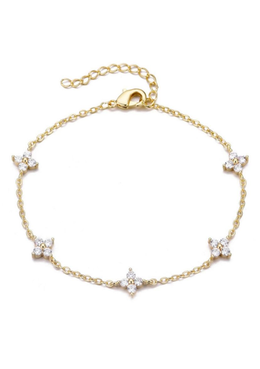 14k Yellow Gold Plated CZ Flower Station Bracelet