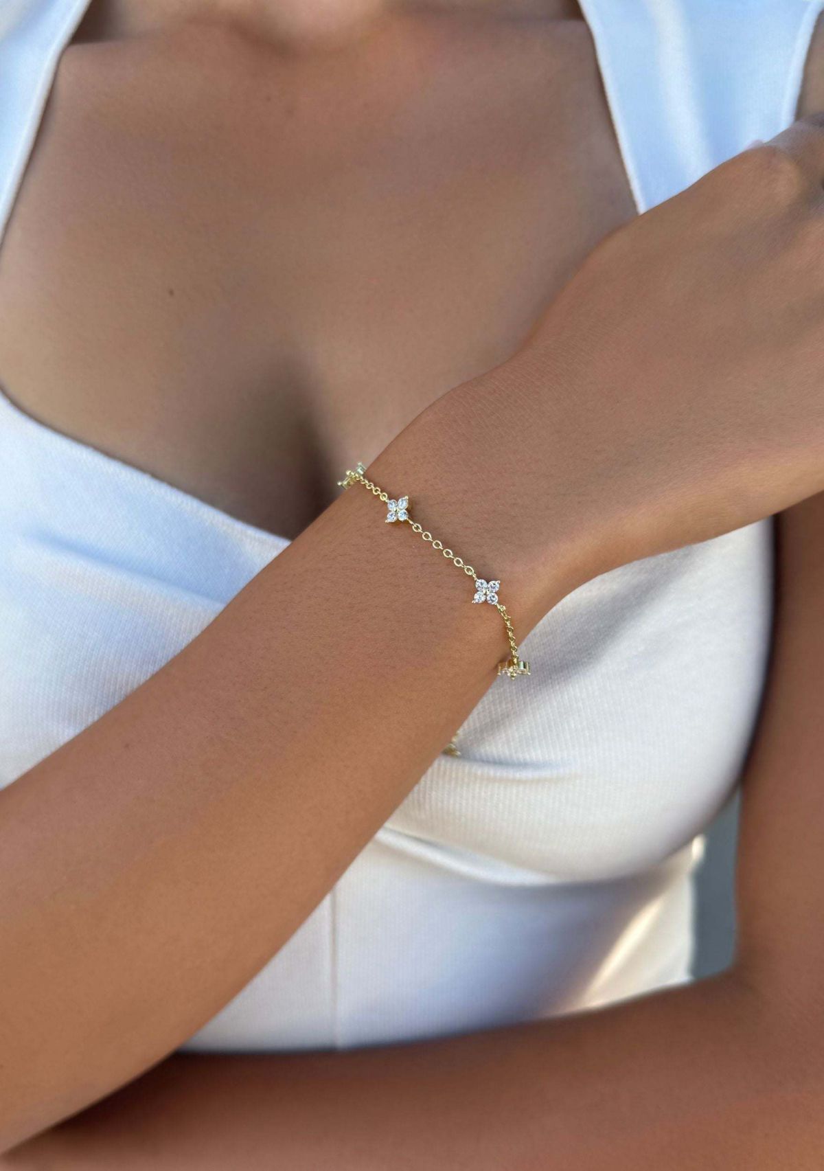 14k Yellow Gold Plated CZ Flower Station Bracelet