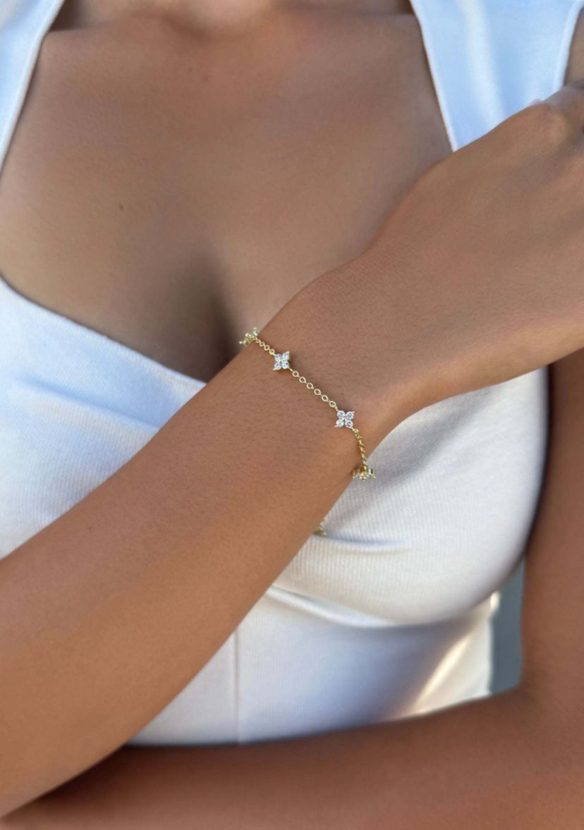 14k Yellow Gold Plated CZ Flower Station Bracelet