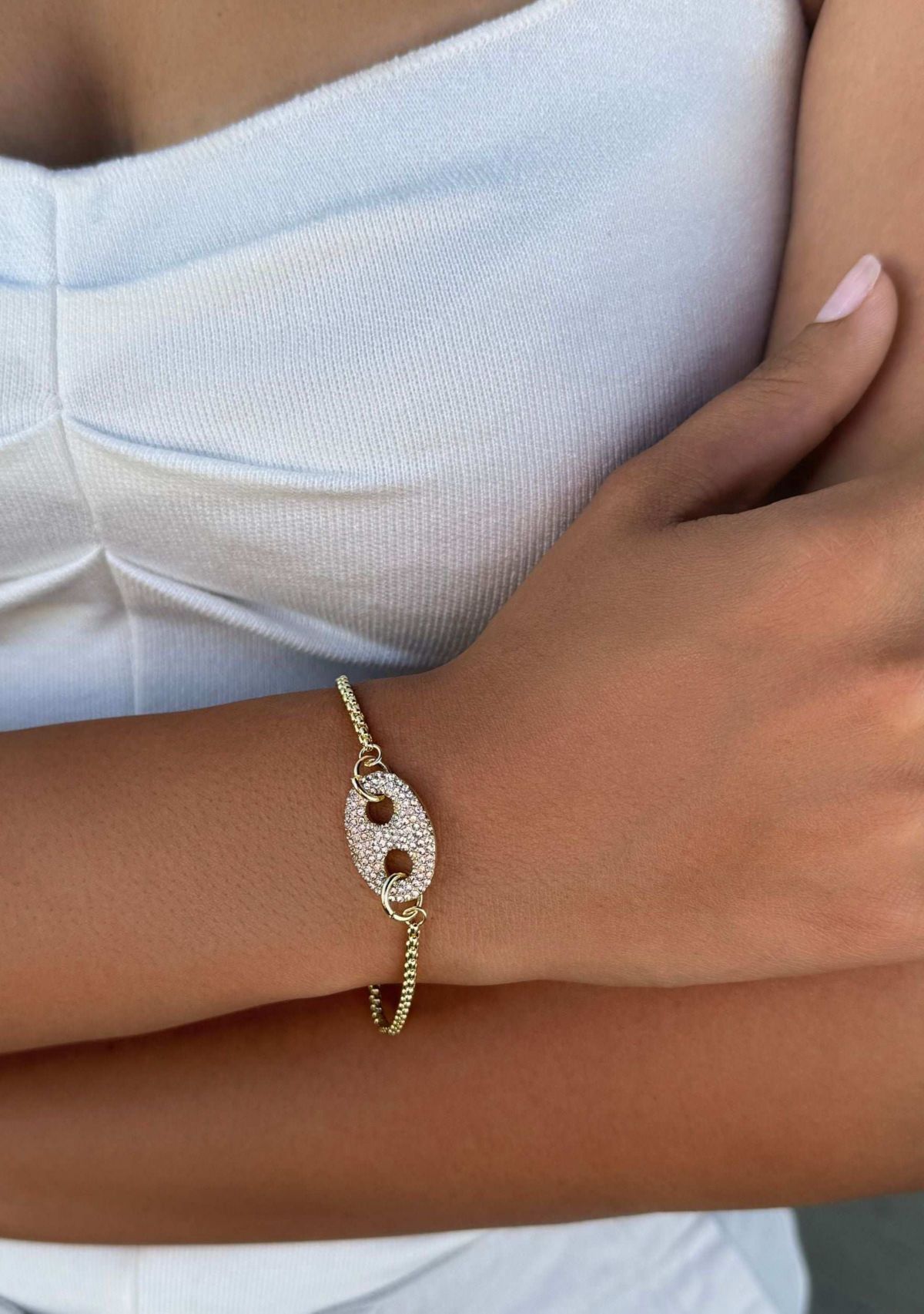 14k Gold Plated Crystal Mariner Link Bracelet