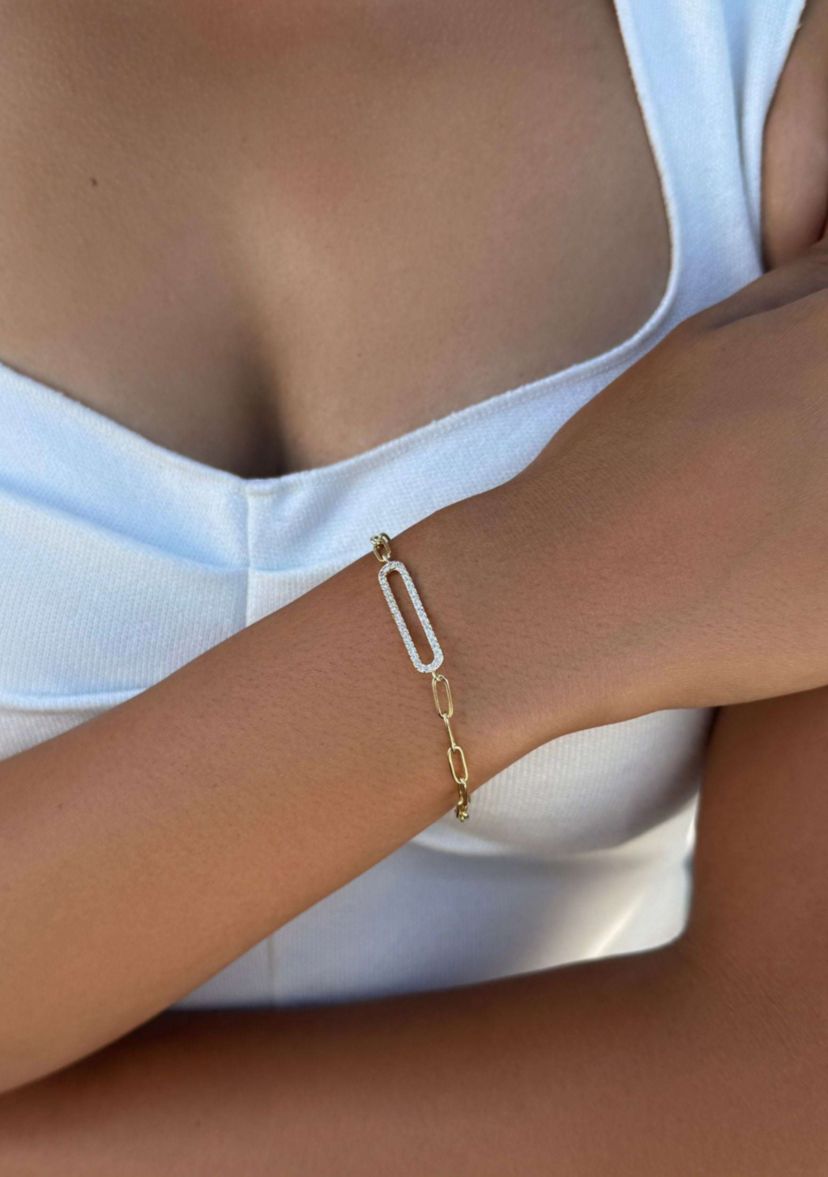 14k Gold Plated Elongated Pave CZ Link Bracelet