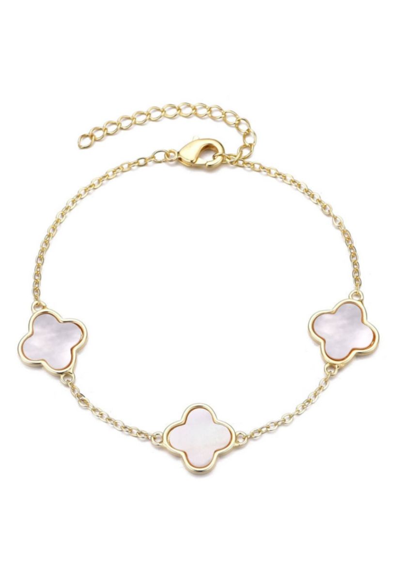 14k Yellow Gold Plated White Mother of Pearl Clover Station Bracelet