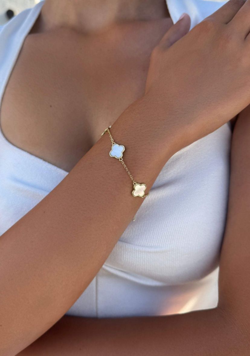 14k Yellow Gold Plated White Mother of Pearl Clover Station Bracelet