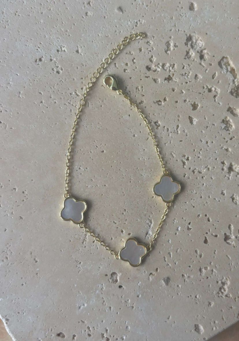 14k Yellow Gold Plated White Mother of Pearl Clover Station Bracelet