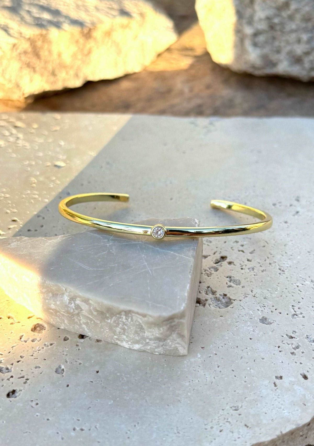 14k Gold Plated Skinny Cuff with CZ Stone