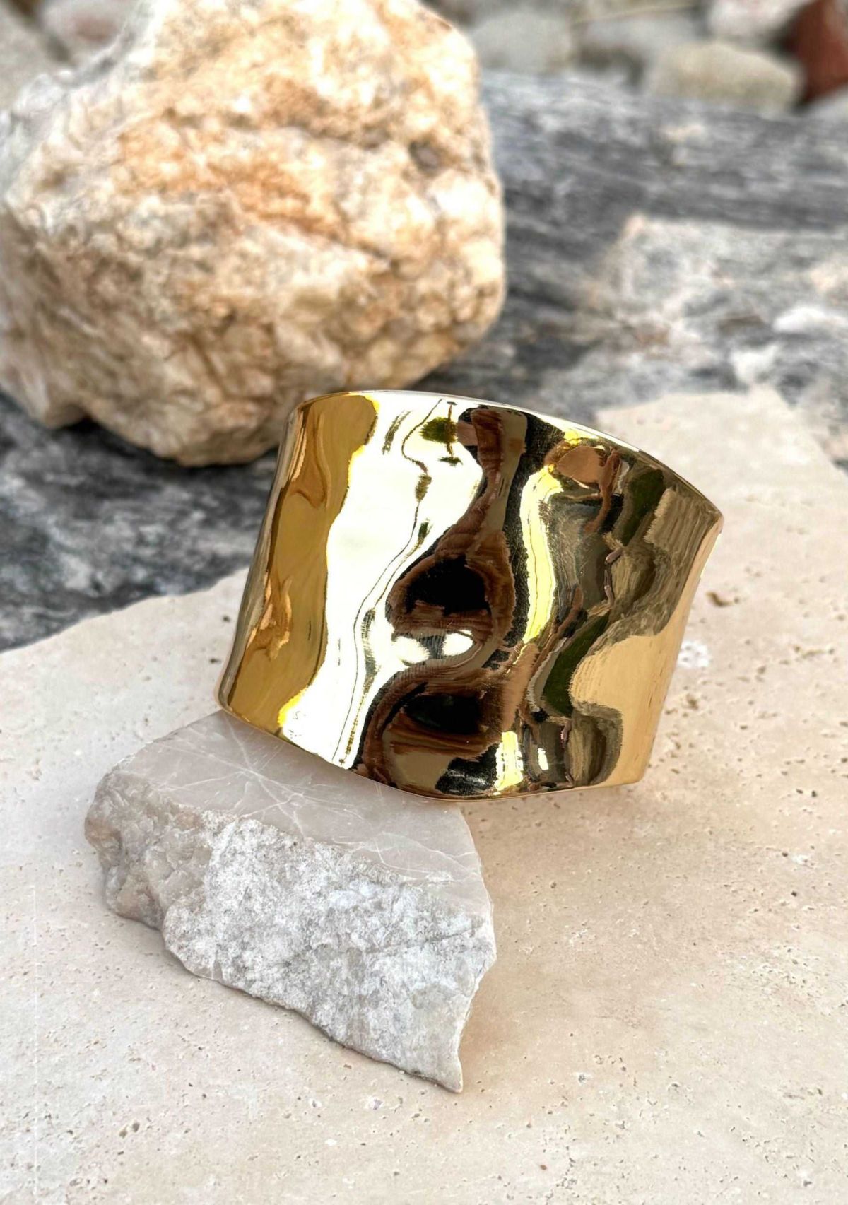 Gold Plated Tall Hammered Bangle