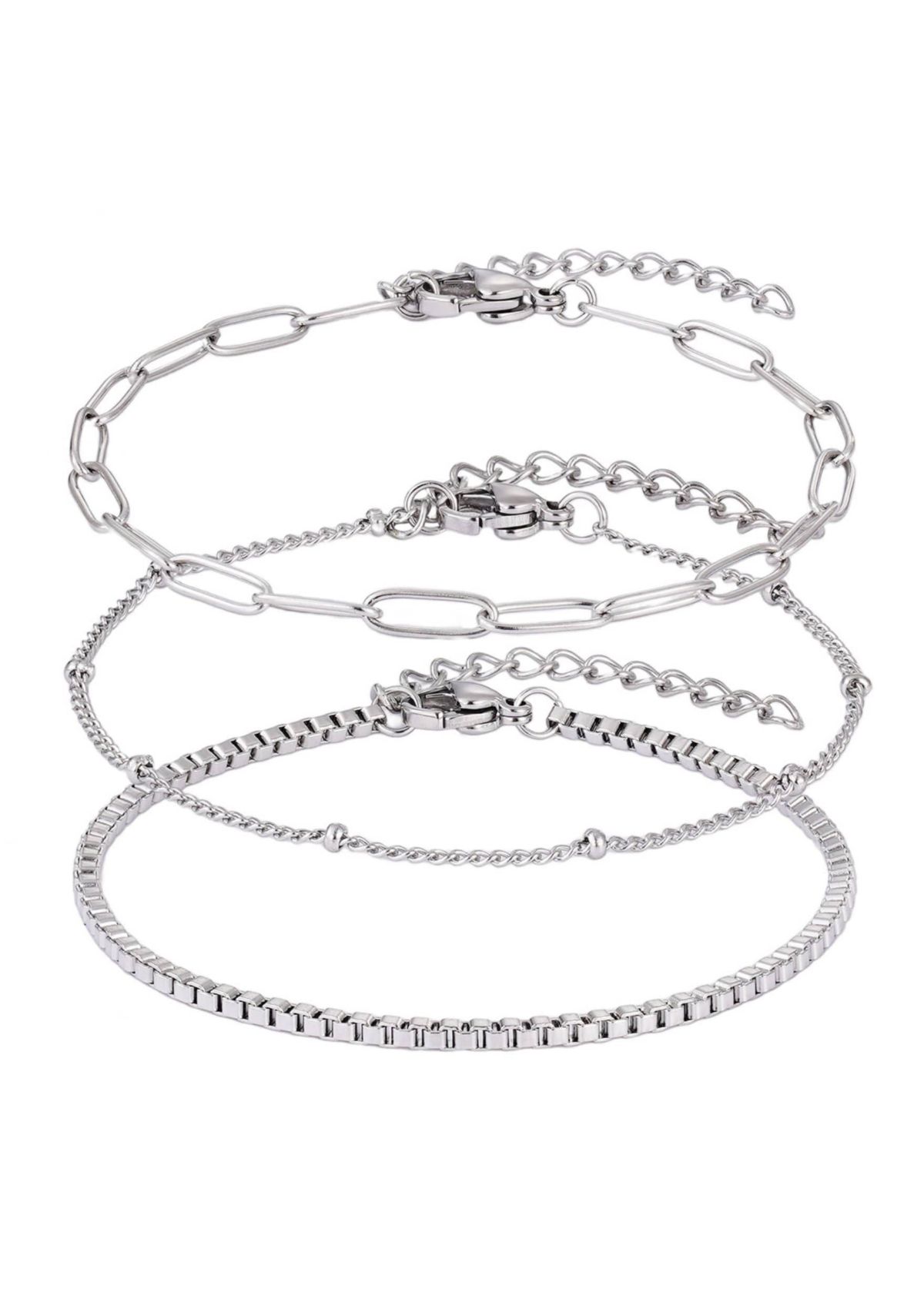 Tarnish Resistant Silver 3-Chain Bracelet Set
