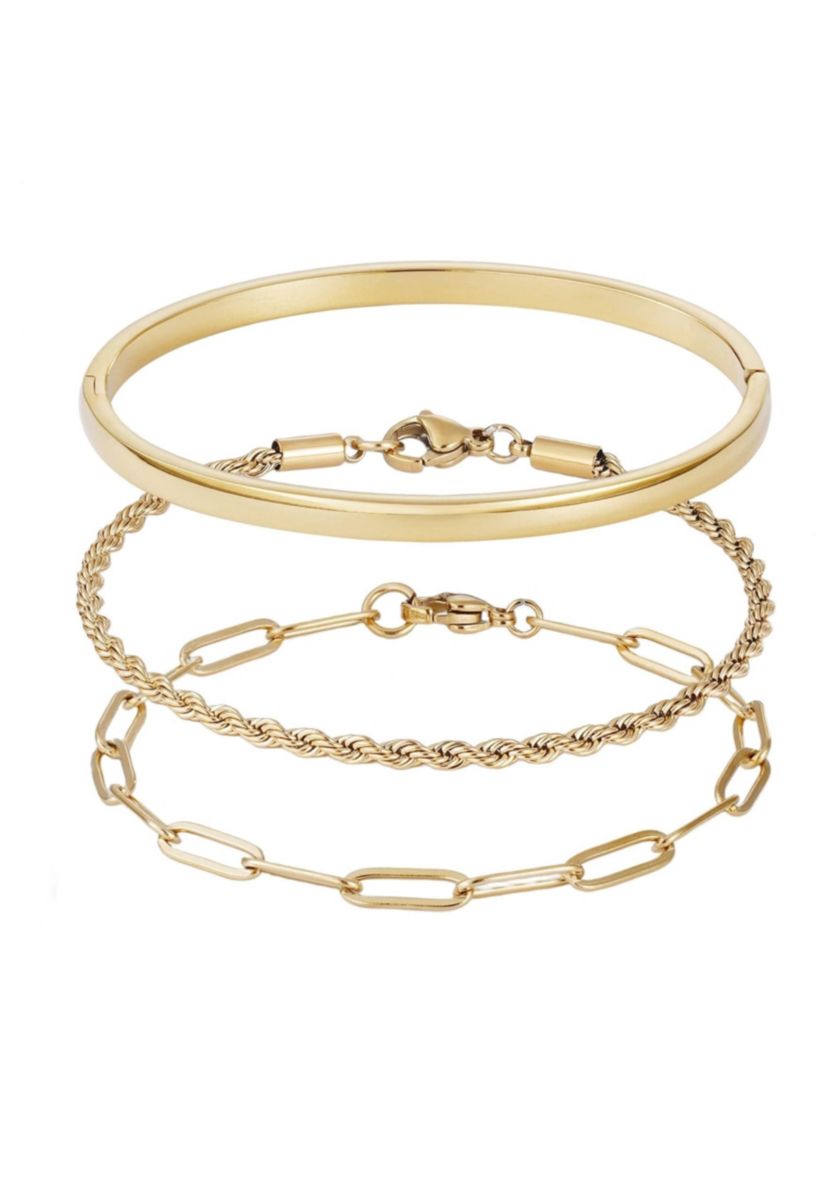 Tarnish Resistant 18k Gold Plated Cuff and Chain Bracelet Set