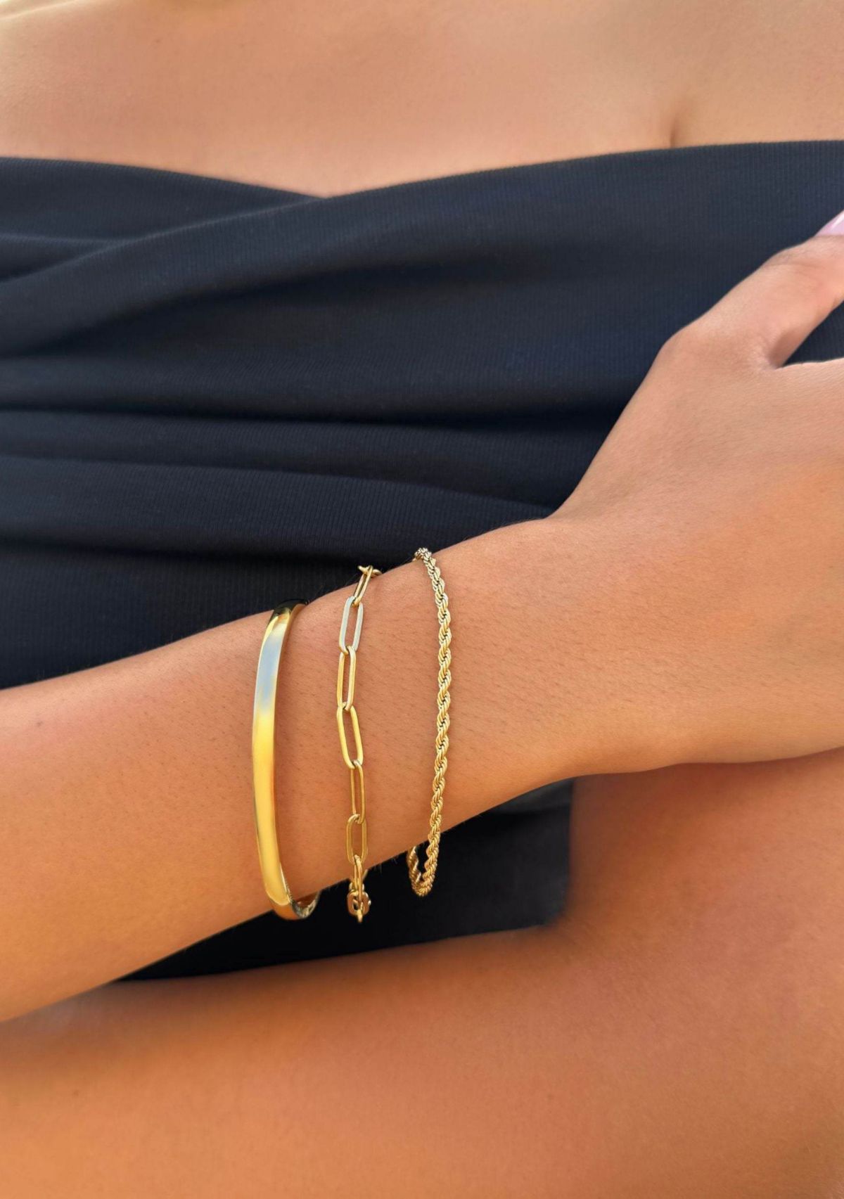 Tarnish Resistant 18k Gold Plated Cuff and Chain Bracelet Set