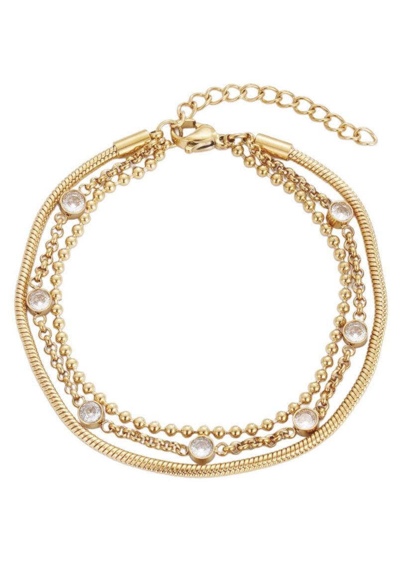 Tarnish Resistant 18k Gold Plated Layered Crystal 3-Chain Bracelet