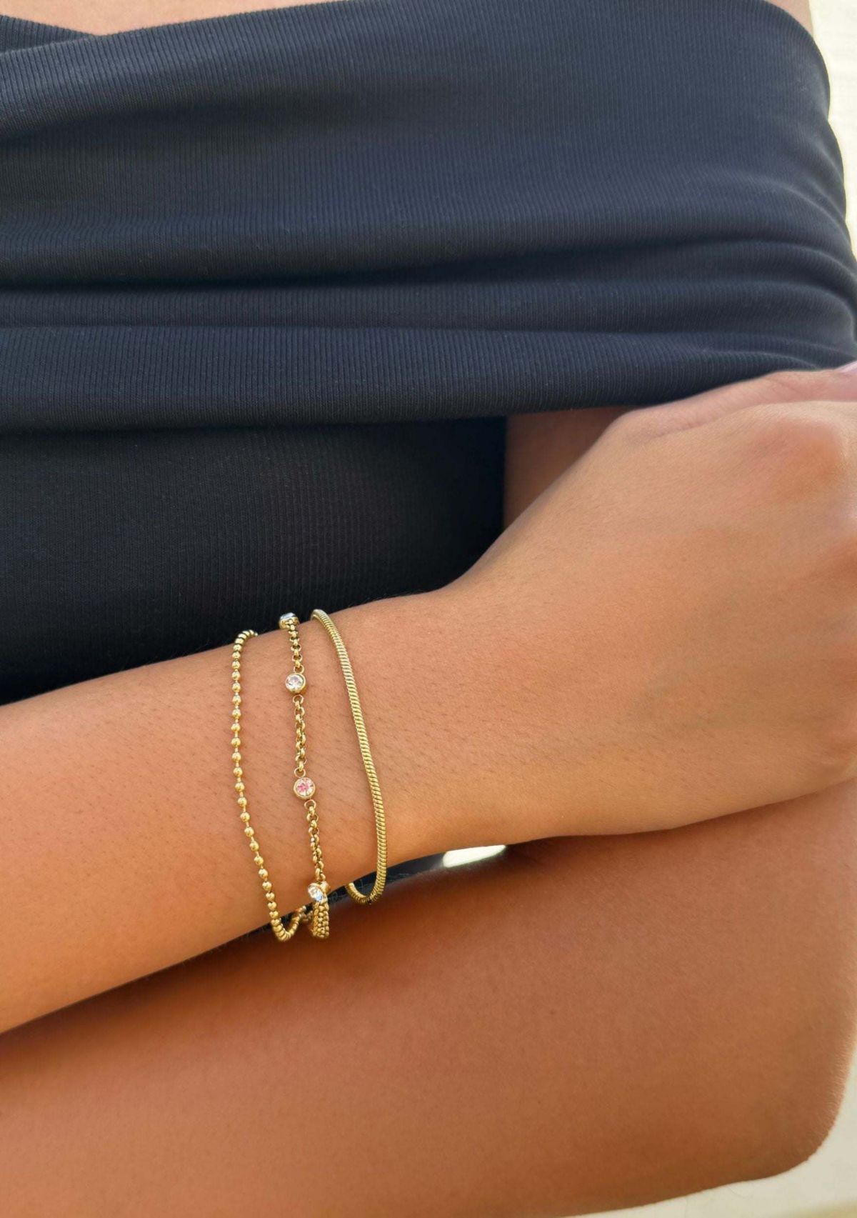 Tarnish Resistant 18k Gold Plated Layered Crystal 3-Chain Bracelet