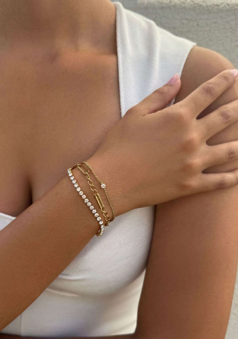 Tarnish Resistant 18k Gold Plated Layered Crystal Tennis 3-Chain Bracelet