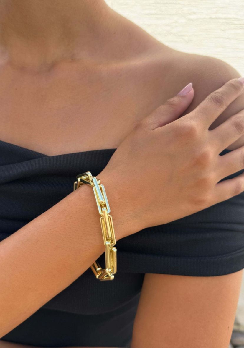 Gold Plated Rectangle Paperclip Chain Bracelet