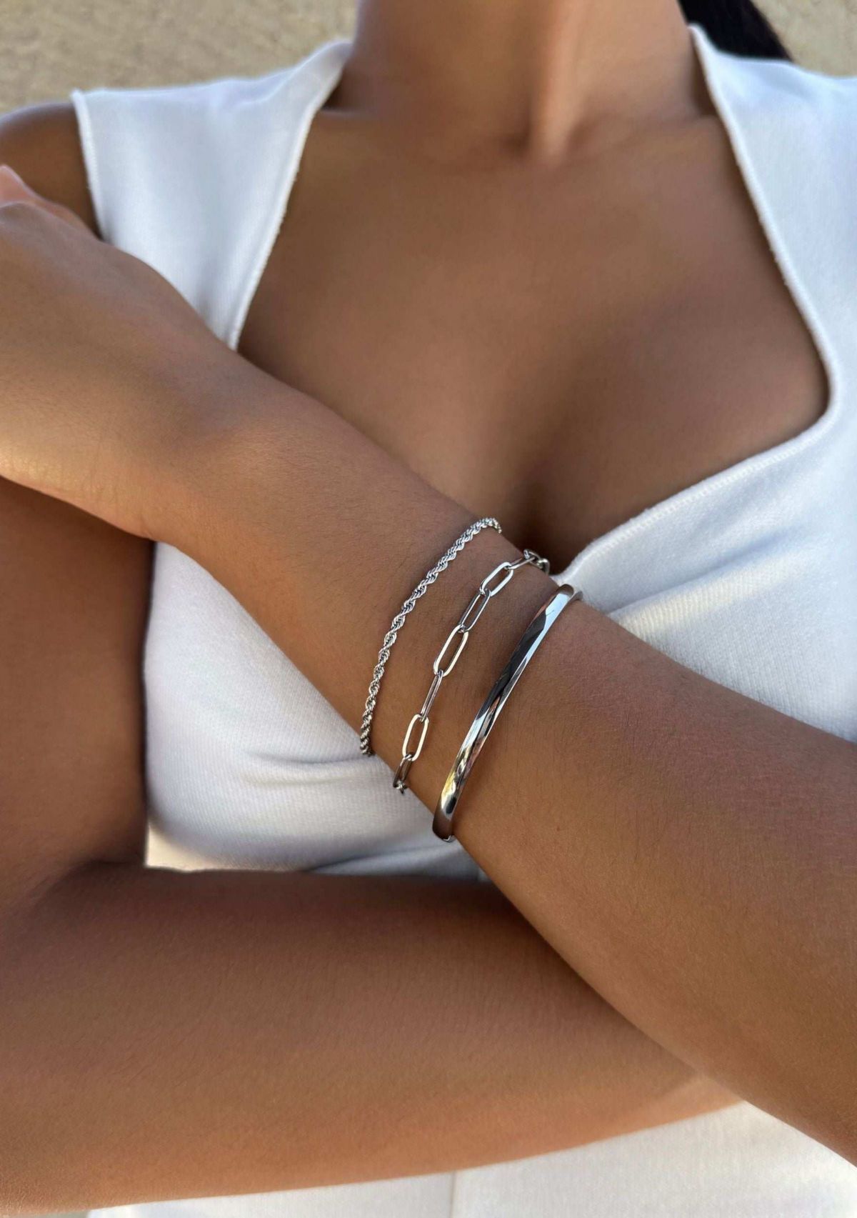 Tarnish Resistant Silver Plated Cuff and Chain Bracelet Set