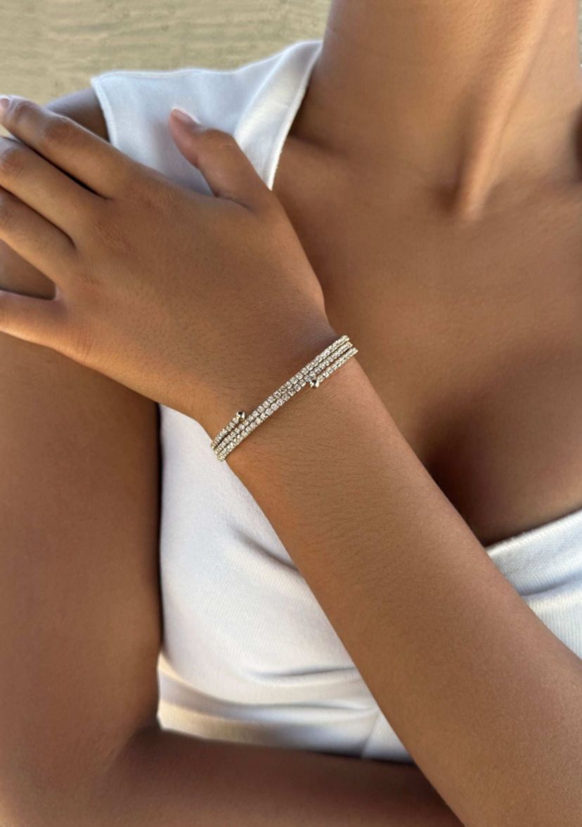 Gold Plated Triple Coil Crystal Tennis Stretch Bracelet