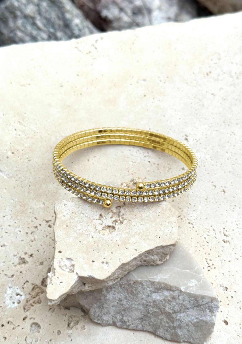 Gold Plated Triple Coil Crystal Tennis Stretch Bracelet