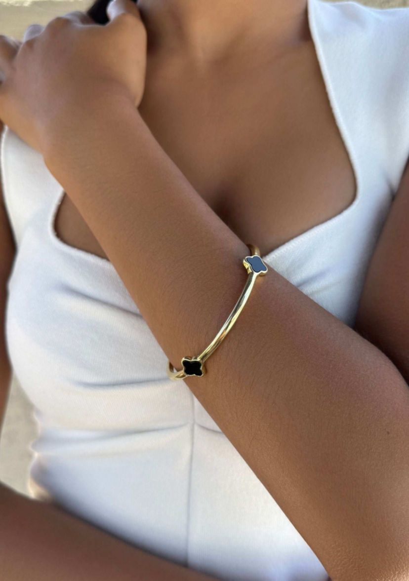 14k Gold Plated Black Clover Bangle