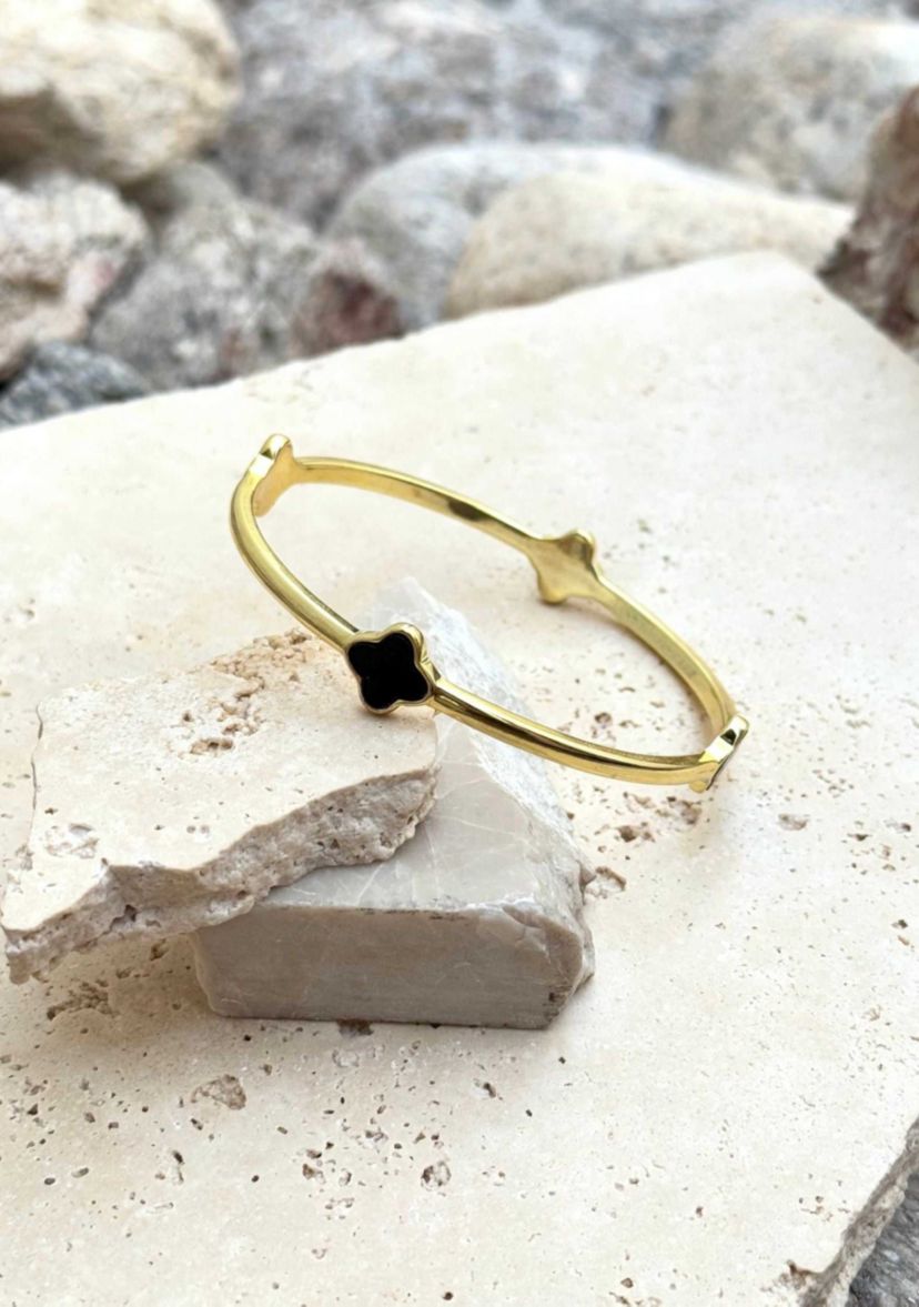 14k Gold Plated Black Clover Bangle