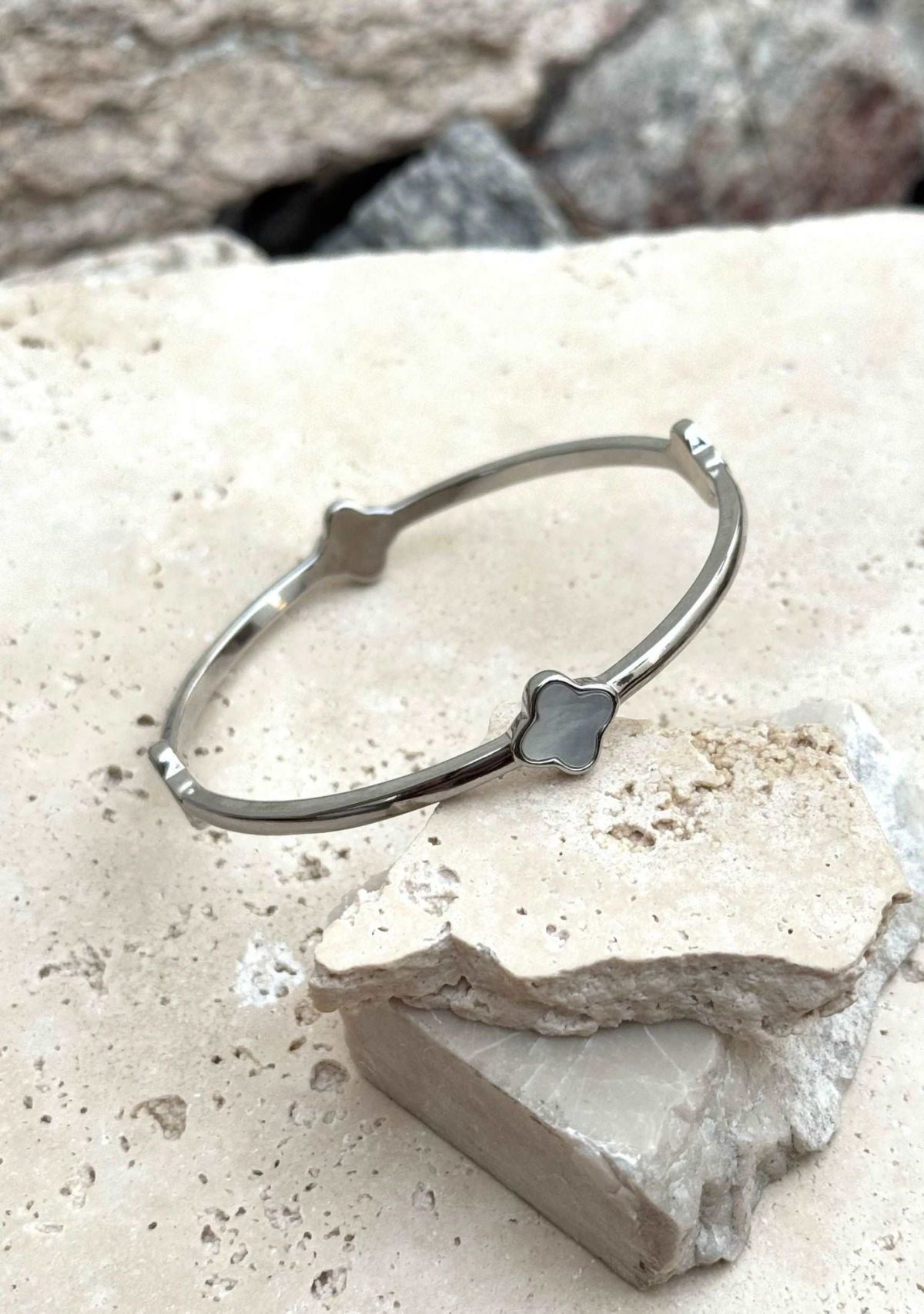 Silver Plated Mother of Pearl Clover Bangle