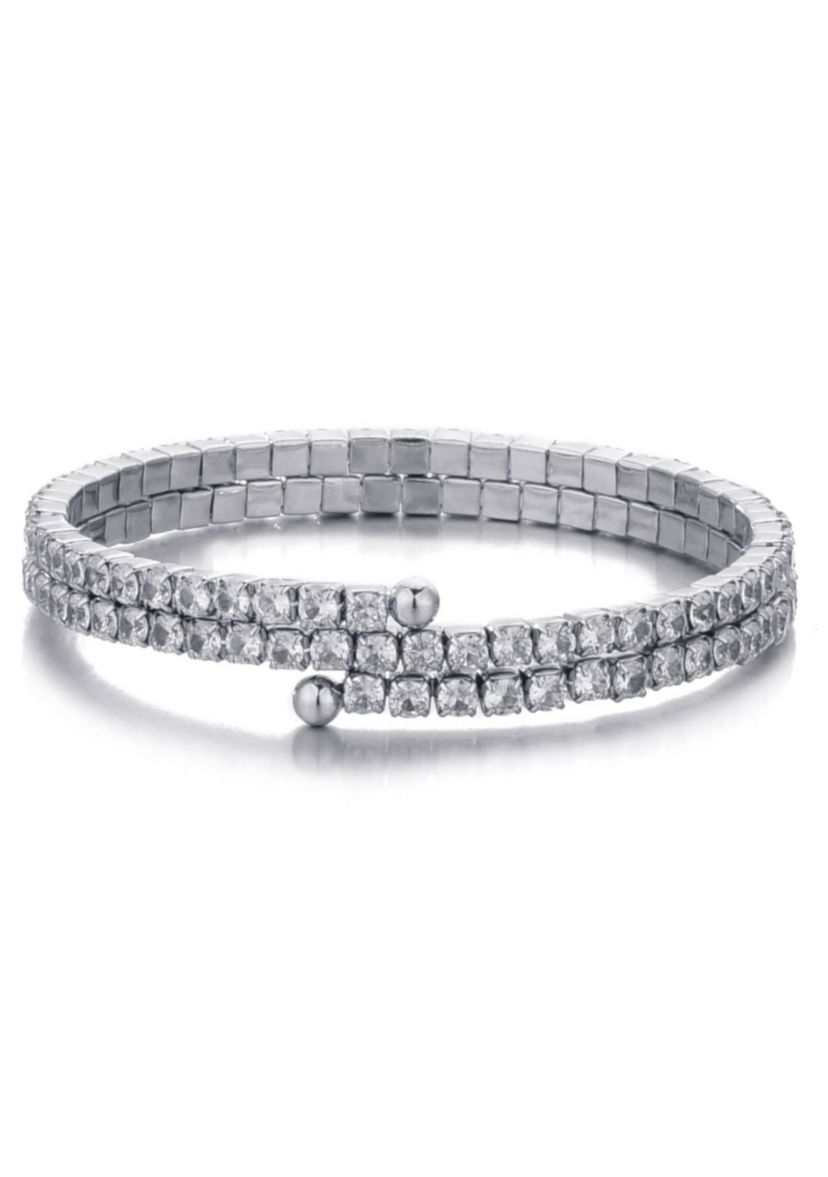 Silver Plated Coil Stretch Crystal Tennis Wrap Bracelet