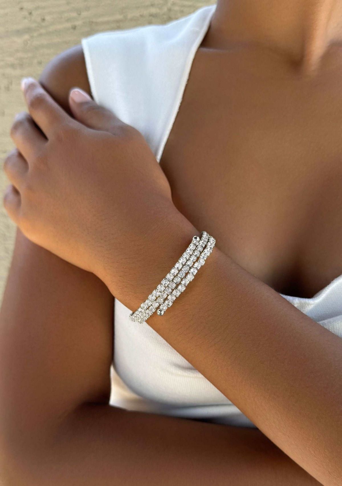 Silver Plated Coil Stretch Crystal Tennis Wrap Bracelet