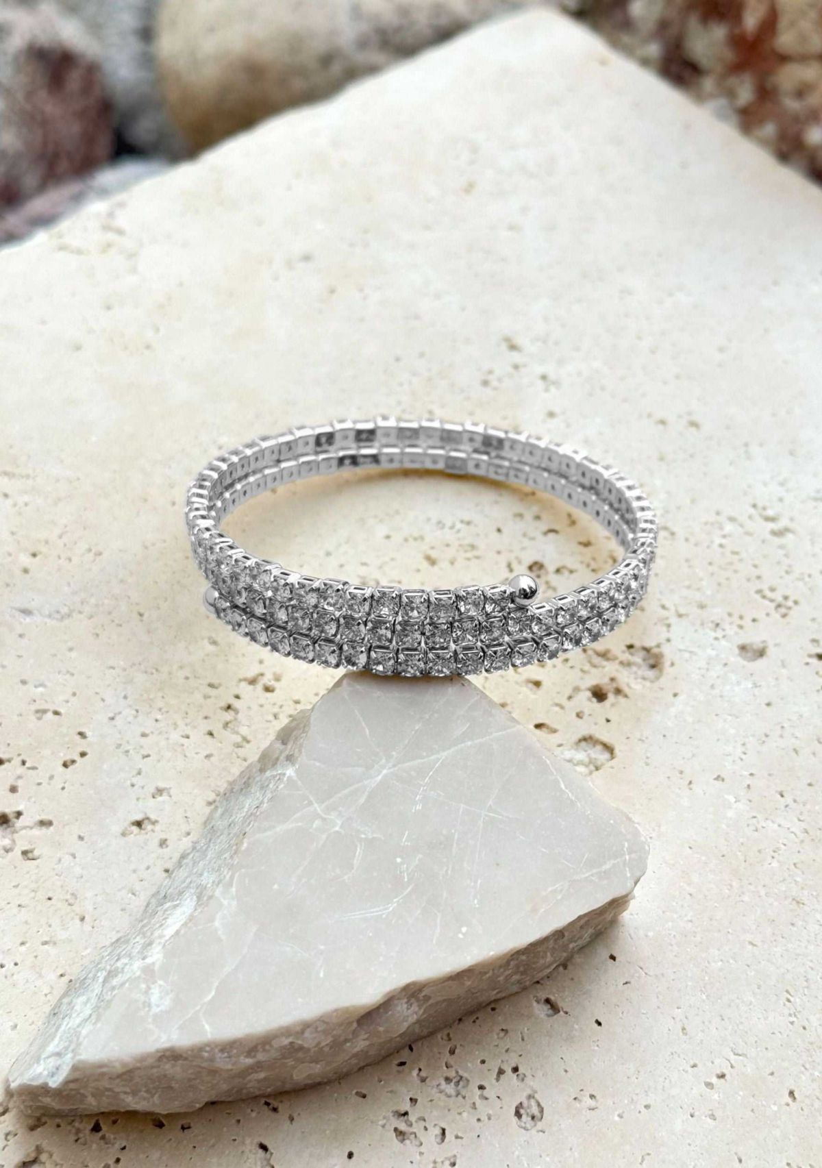 Silver Plated Coil Stretch Crystal Tennis Wrap Bracelet