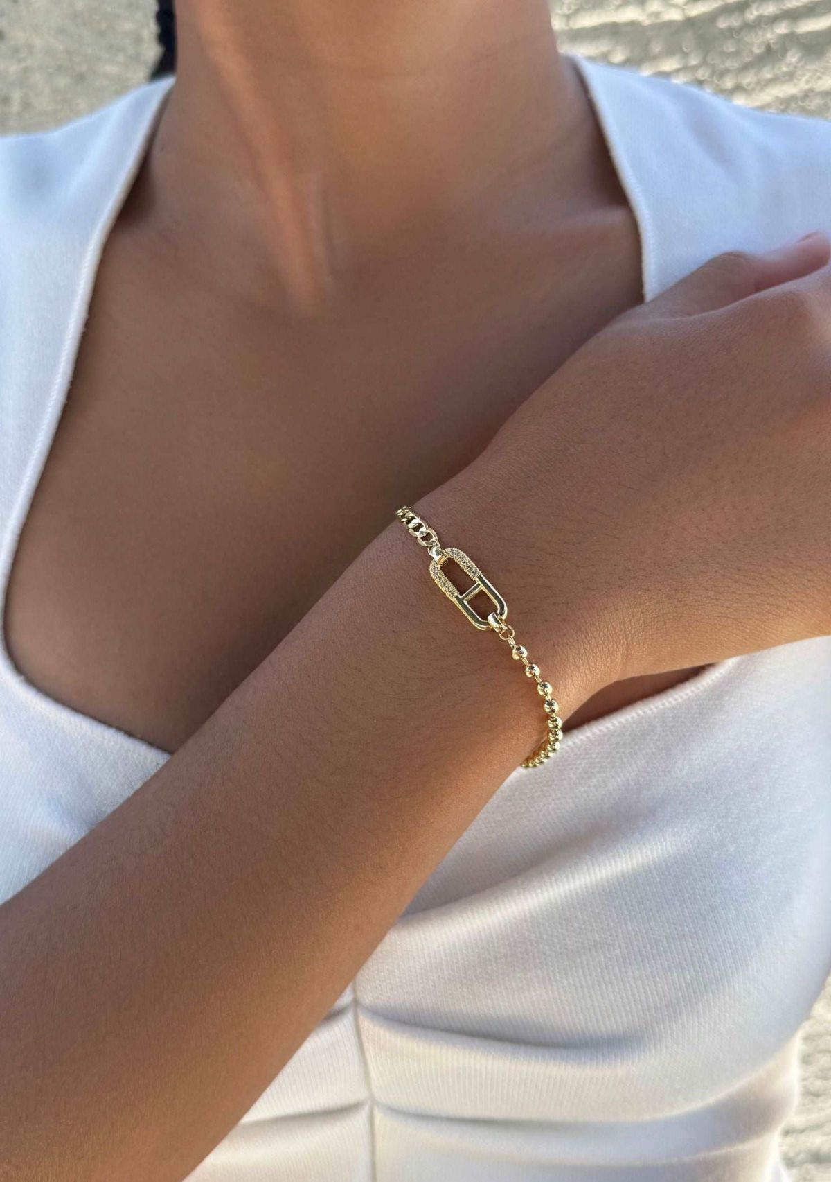 14k Gold Plated Mixed Chain CZ Sideways Pendant Bracelet