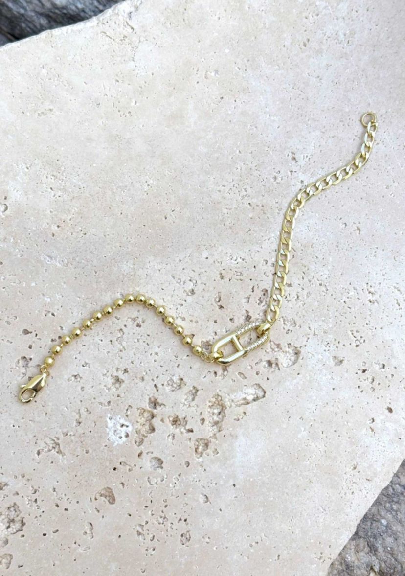 14k Gold Plated Mixed Chain CZ Sideways Pendant Bracelet