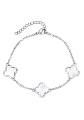 Adornia Silver Plated White Mother of Pearl Clover Station Bracelet