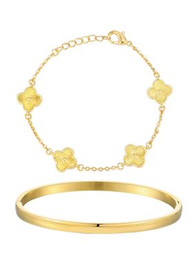 Adornia 14k Gold Plated Set of 2 Clover Bracelet and Cuff Set