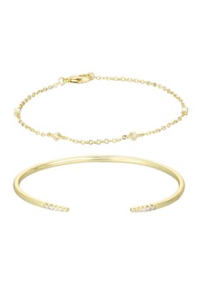 Adornia 14k Gold Plated Set of 2 CZ Open Cuff and Station Bracelet
