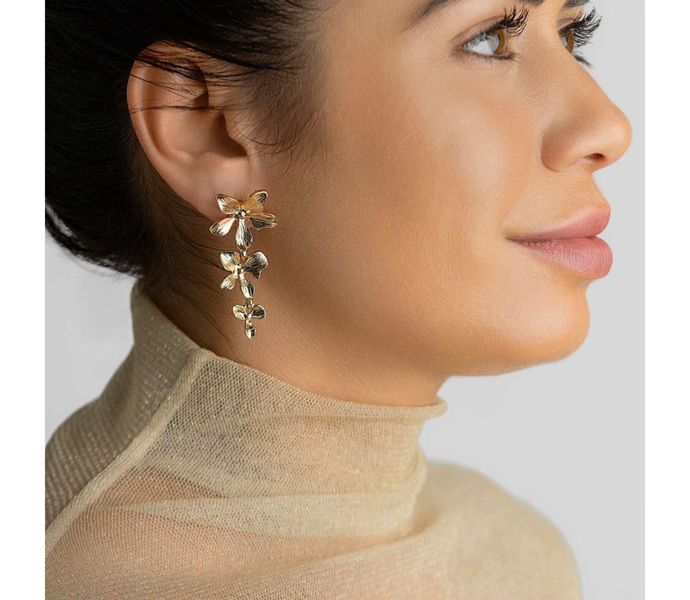 14k Gold Plated 3-Petal Drop Earrings