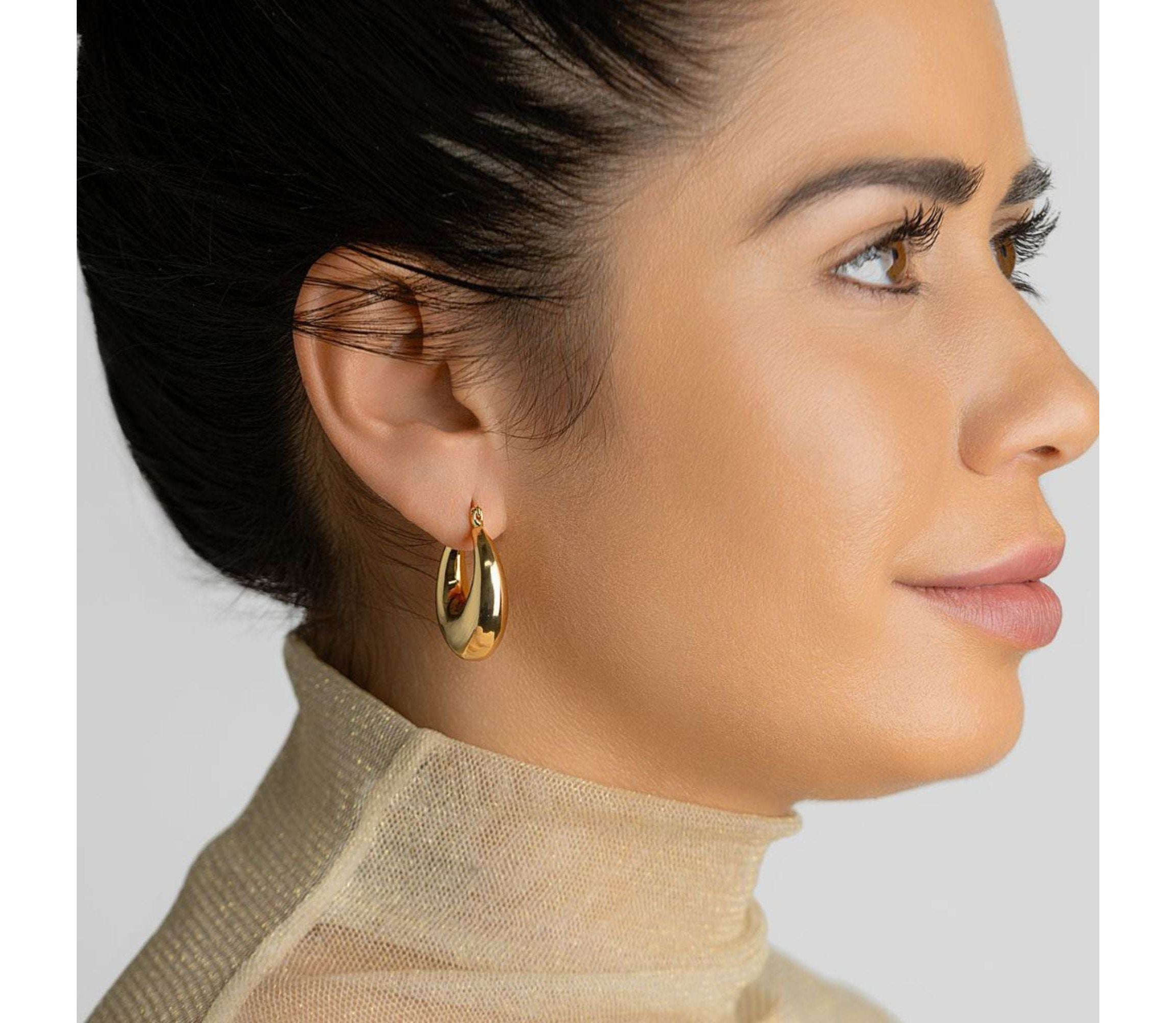 14k Gold Plated Domed Oval Hoop Earrings