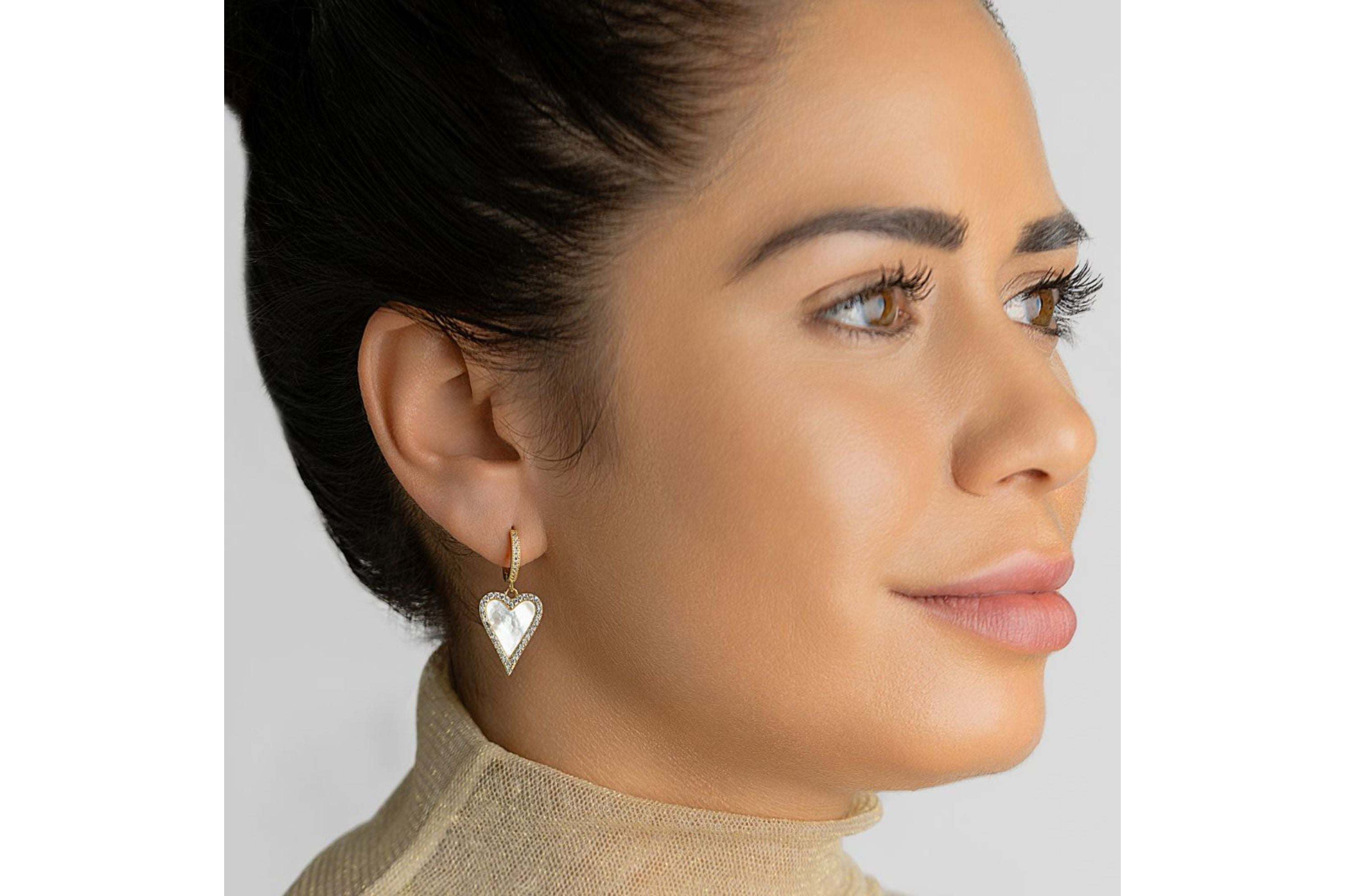 14k Gold Plated White Mother-of-Pearl Crystal Halo Heart Drop Huggie Earrings