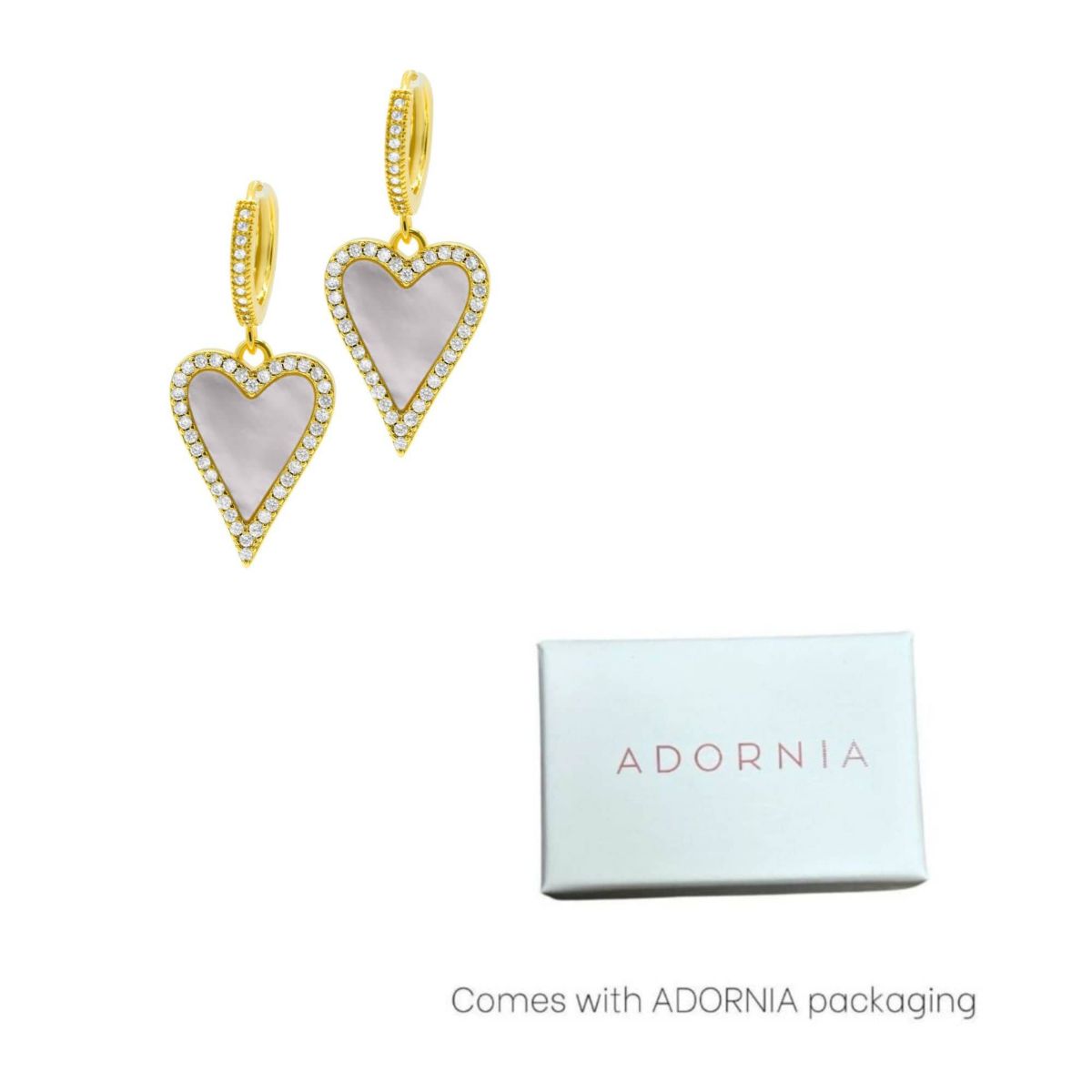 14k Gold Plated White Mother-of-Pearl Crystal Halo Heart Drop Huggie Earrings