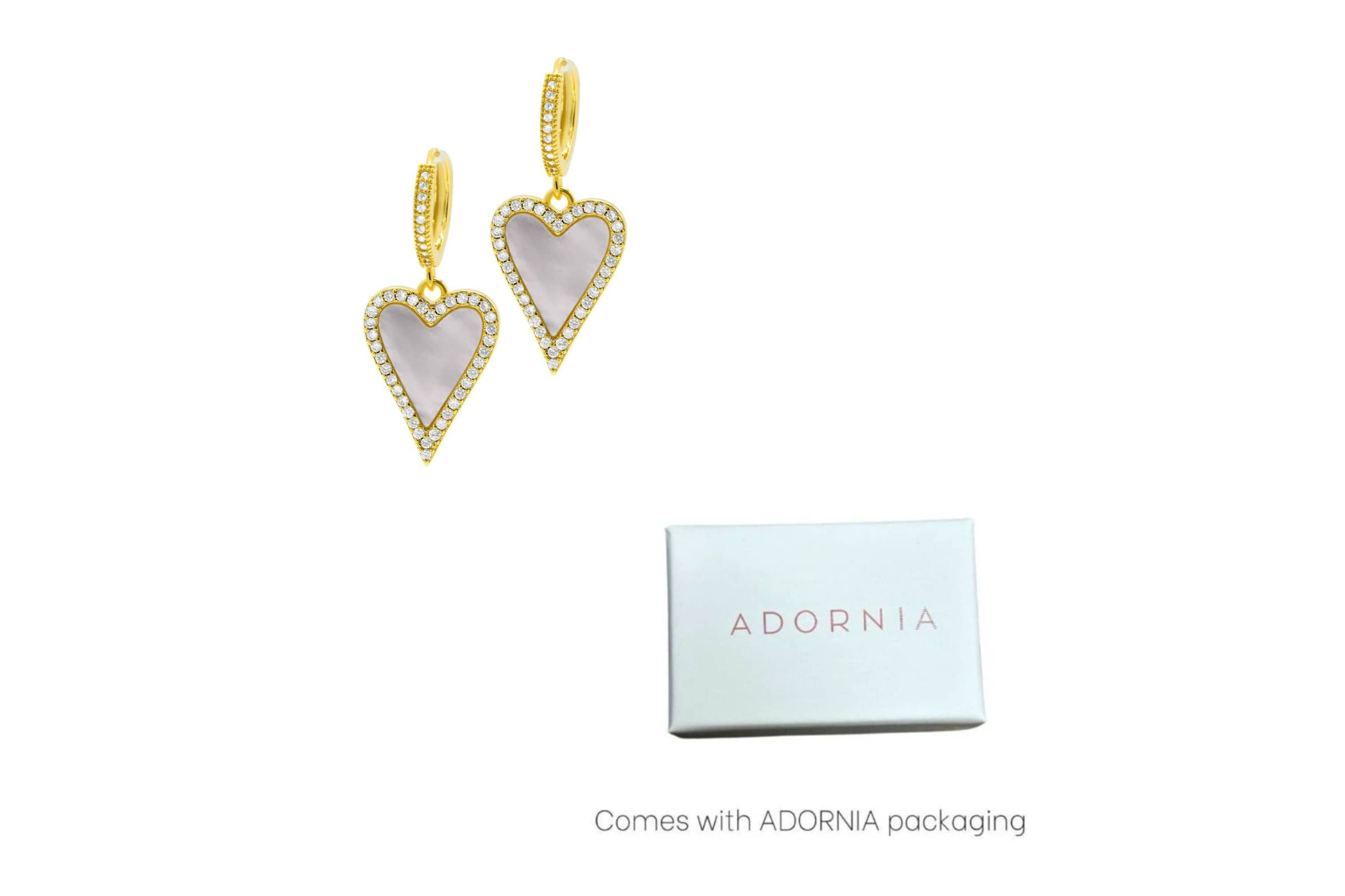 14k Gold Plated White Mother-of-Pearl Crystal Halo Heart Drop Huggie Earrings