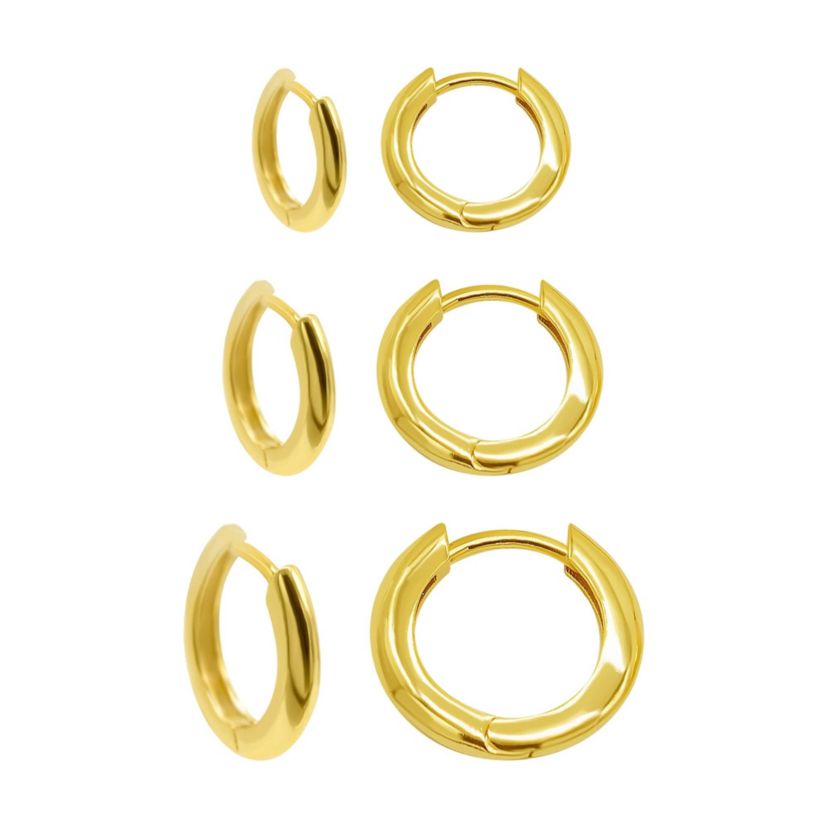 14k Gold Plated 3-Huggie Hoop Earrings Set