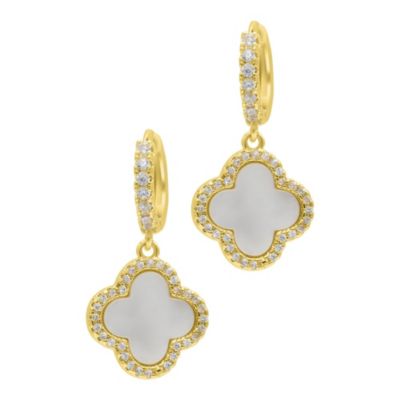 Adornia 14k Gold Plated Crystal Halo White Mother of Pearl Clover Dangle Huggie Earrings