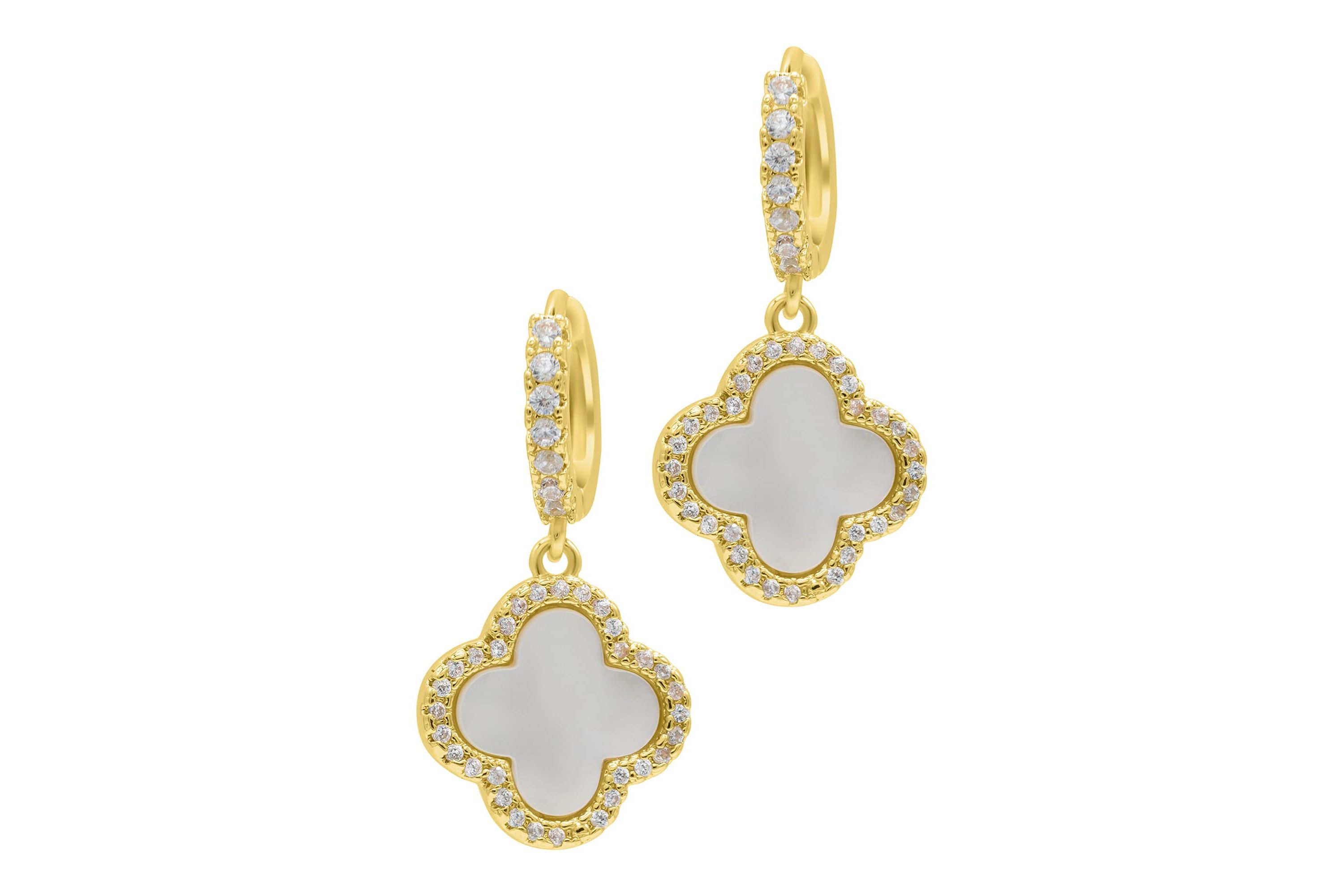 14k Gold Plated Crystal Halo White Mother of Pearl Clover Dangle Huggie Earrings