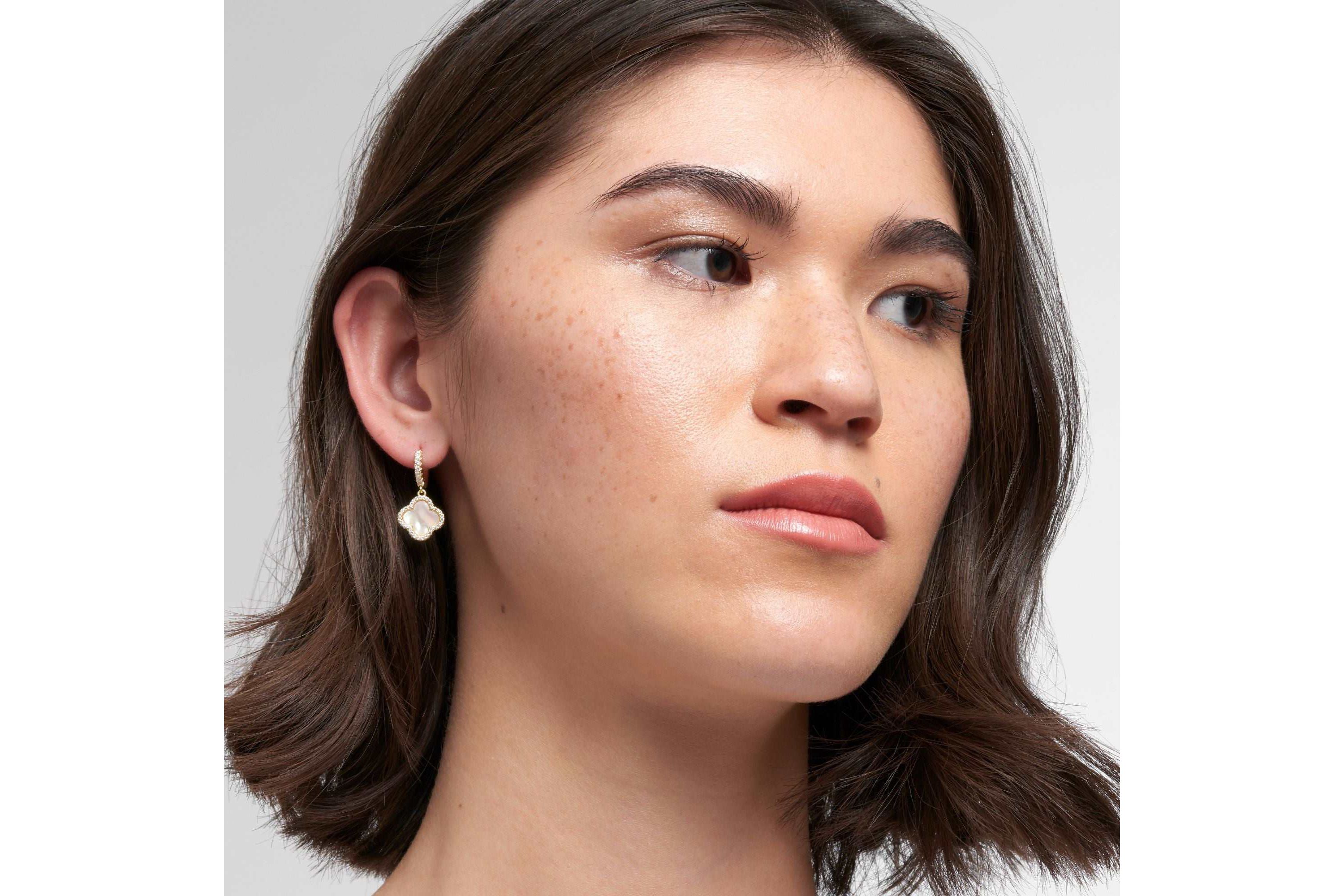14k Gold Plated Crystal Halo White Mother of Pearl Clover Dangle Huggie Earrings