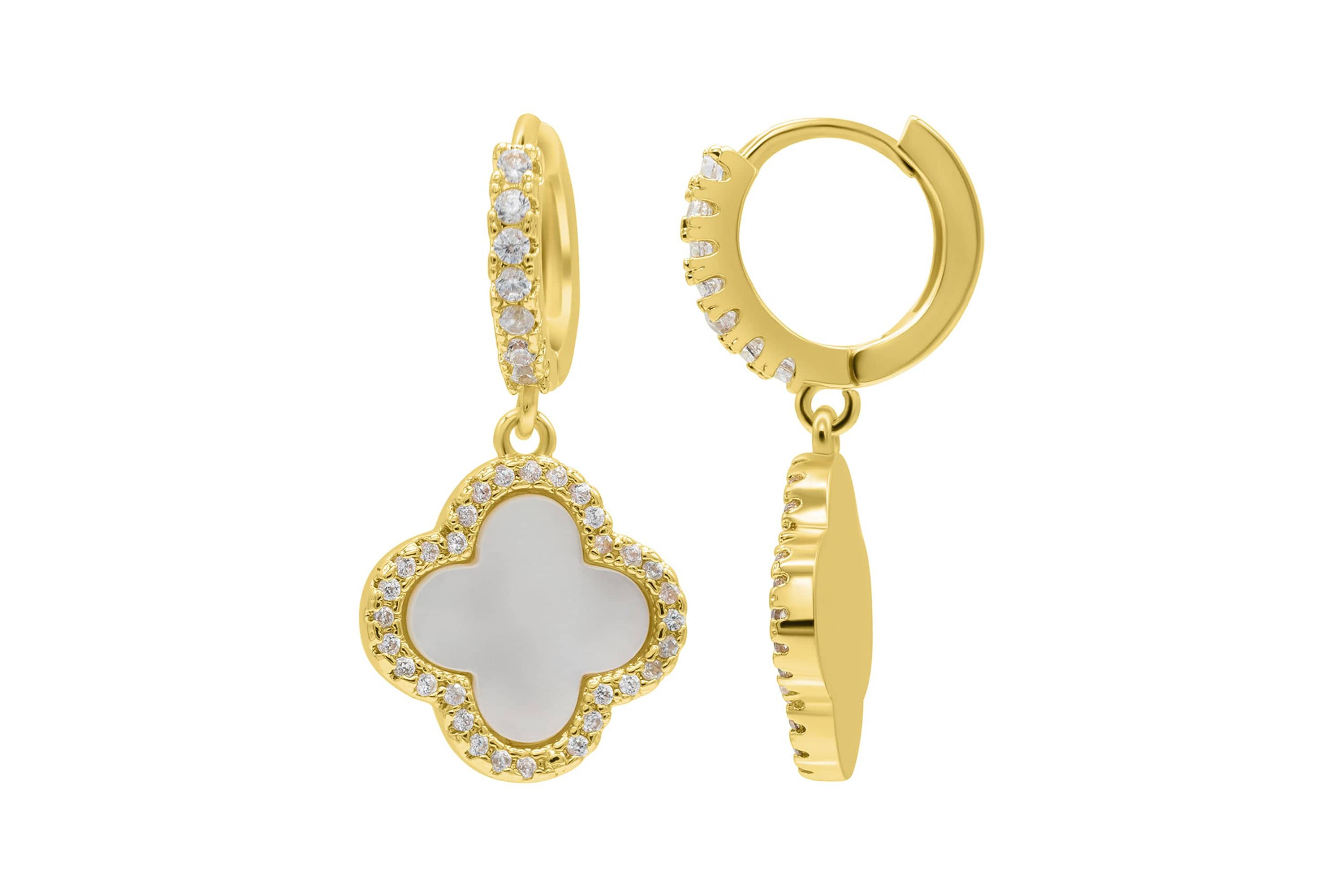 14k Gold Plated Crystal Halo White Mother of Pearl Clover Dangle Huggie Earrings