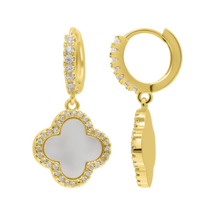 14k Gold Plated Crystal Halo White Mother of Pearl Clover Dangle Huggie Earrings